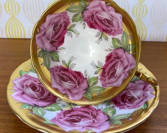 Rare Aynsley Roses Tea Cup and Saucer, Large Pink Cabbage Rose China Teacup and Saucer, *Flaw sold as is