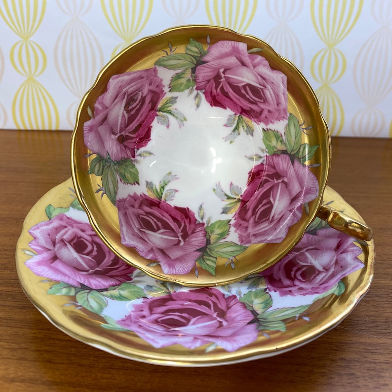 Rare Aynsley Roses Tea Cup and Saucer, Large Pink Cabbage Rose China Teacup and Saucer, Flaw sold as is image 1