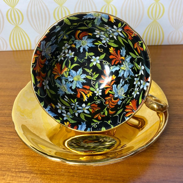 Royal Winton Black Chintz and Gold Tea Cup and Saucer Rare "Fireglow" Pattern