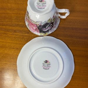 Summer Bounty Series Tourmaline Teacup and Saucer, Royal Albert China Tea Cup and Saucer with Pink and Purple Roses and Heavy Gold image 10