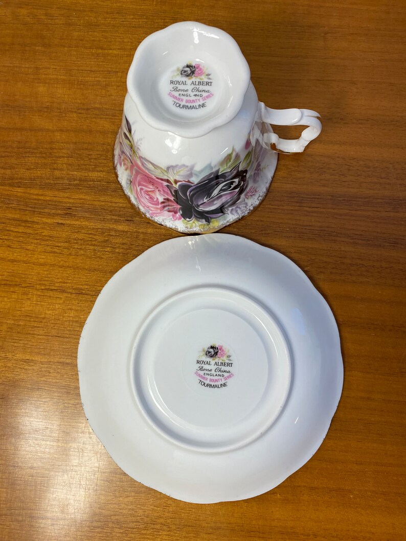 Summer Bounty Series Tourmaline Teacup and Saucer, Royal Albert China Tea Cup and Saucer with Pink and Purple Roses and Heavy Gold image 10