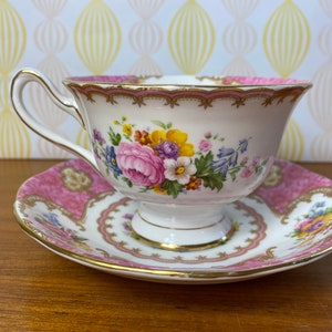 Royal Albert Lady Carlyle Tea Cup and Saucer, Bone China Pink Floral Teacup and Saucer, reg'd 855022 original date 1944 1950s image 4