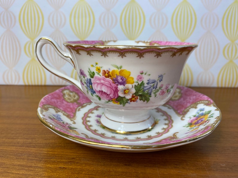 Royal Albert Lady Carlyle Tea Cup and Saucer, Bone China Pink Floral Teacup and Saucer, reg'd 855022 original date 1944 1950s image 4