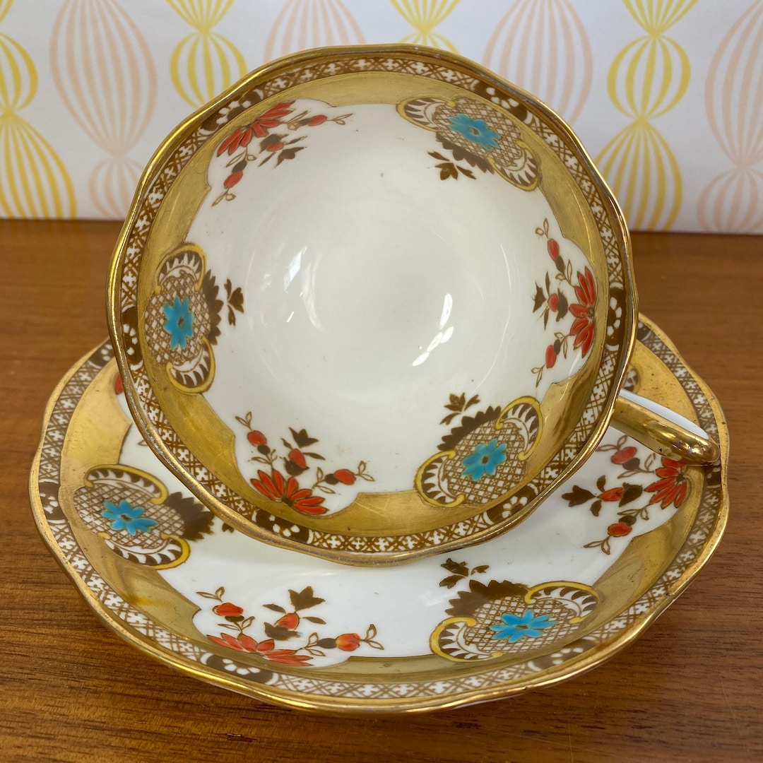 Gold Royal Albert wembley Tea Cup and Saucer, Hand Painted Orange and Blue Teacup and Saucer