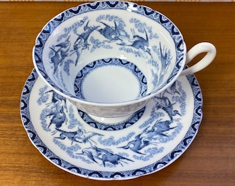 Imperfect Shelley Tea Cup and Saucer, Blue and White China Bird Teacup and Saucer