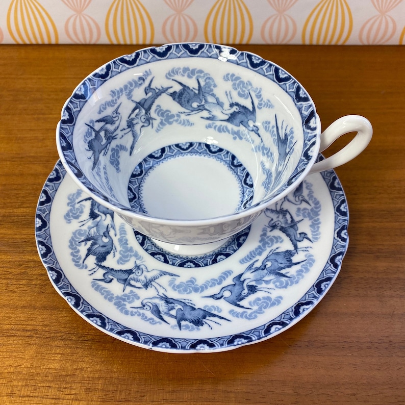 Imperfect Shelley Tea Cup and Saucer, Blue and White China Bird Teacup and Saucer image 1