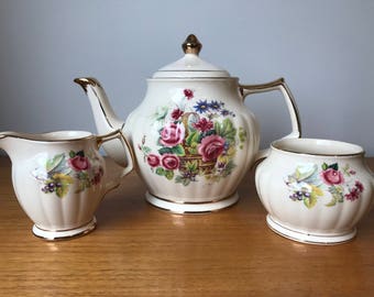 Sadler Teapot and Cream and Sugar set, Vintage Tea set, Flower Basket Tea Pot, Creamer and Sugar Bowl, Made in England