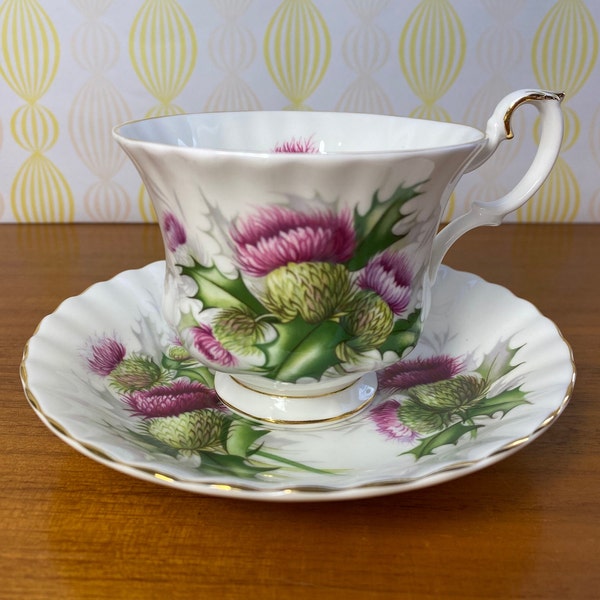 Royal Albert Highland Thistle Cup and Saucer, Bone China Purple Thistle Teacup and Saucer -Seconds Pieces *flaw