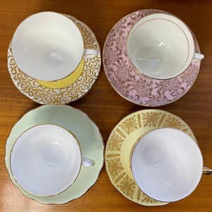 Pastel Tea Cups and Saucers with Gold Overlay, Mismatched Lot of Teacups and Saucers image 3