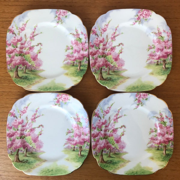 Royal Albert "Blossom Time" Vintage Square Side Plates, Pink Tree Dishes, Bone China, Bread & Butter Plates