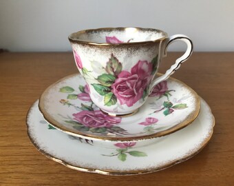 Royal Stafford "Berkeley Rose" Tea Cup Trio, Pink Rose Teacup, Saucer and Plate set, English Bone China, Brushed Gold