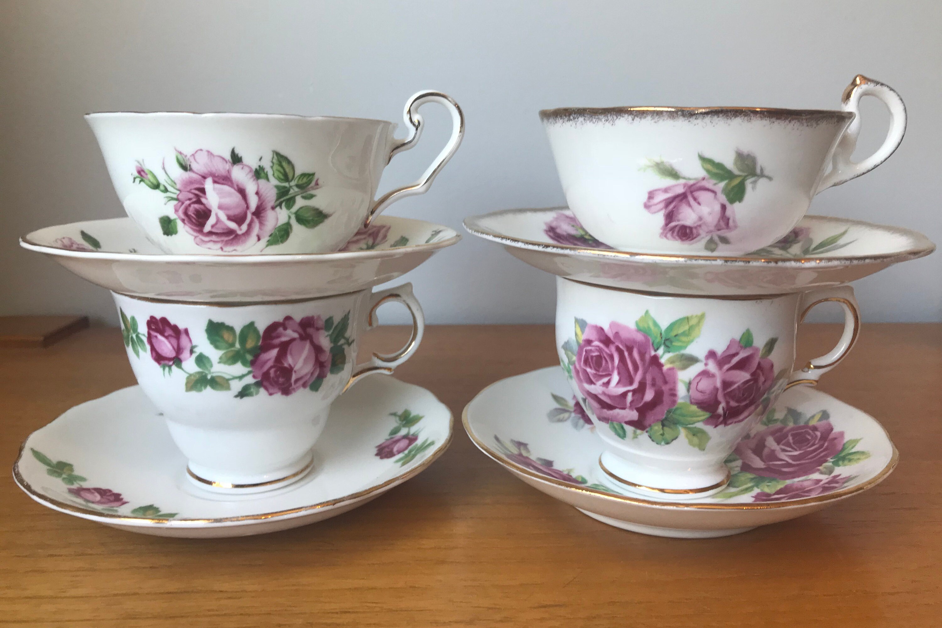Pink Roses Tea Set Bone China Tea Cups and Saucers Vintage Etsy