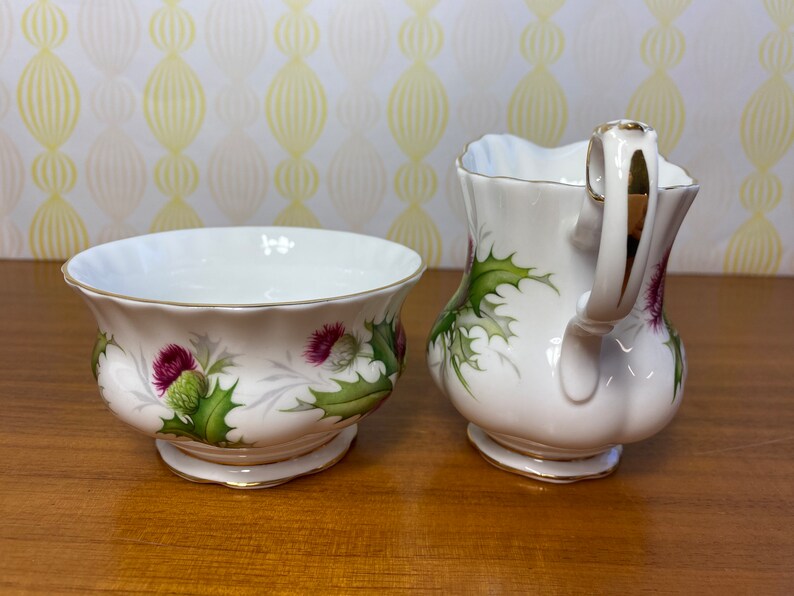 Royal Albert China Highland Thistle Cream and Sugar set with Regal Tray, Milk Pitcher and Sugar Bowl image 4