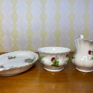 Royal Albert China Highland Thistle Cream and Sugar set with Regal Tray, Milk Pitcher and Sugar Bowl image 2