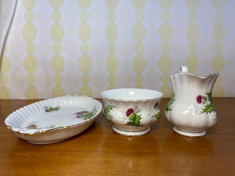 Royal Albert China Highland Thistle Cream and Sugar set with Regal Tray, Milk Pitcher and Sugar Bowl image 2