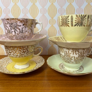 Pastel Tea Cups and Saucers with Gold Overlay, Mismatched Lot of Teacups and Saucers image 1