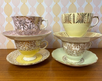 Pastel Tea Cups and Saucers with Gold Overlay, Mismatched Lot of Teacups and Saucers