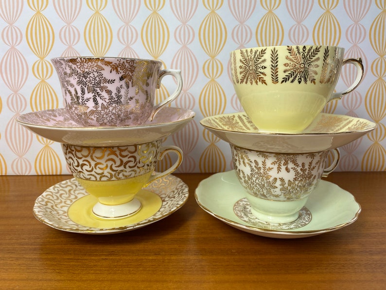 Pastel Tea Cups and Saucers with Gold Overlay, Mismatched Lot of Teacups and Saucers image 1