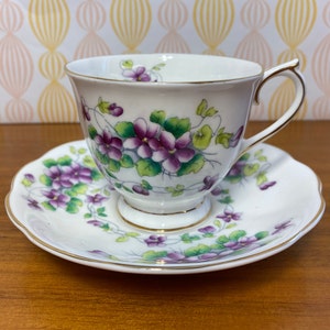 Purple Violets Royal Albert China Tea Cup and Saucer, Sweet Violet Teacup and Saucer 1940s Bone China image 1