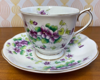 Purple Violets Royal Albert China Tea Cup and Saucer, Sweet Violet Teacup and Saucer 1940s Bone China