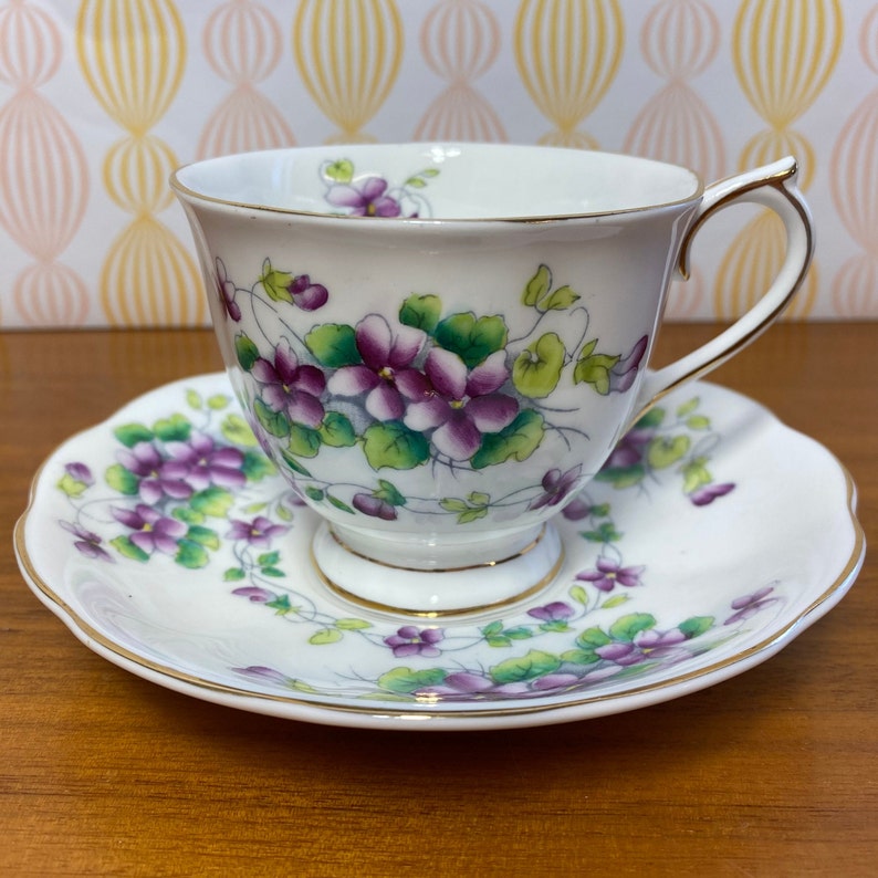 Purple Violets Royal Albert China Tea Cup and Saucer, Sweet Violet Teacup and Saucer 1940s Bone China image 1