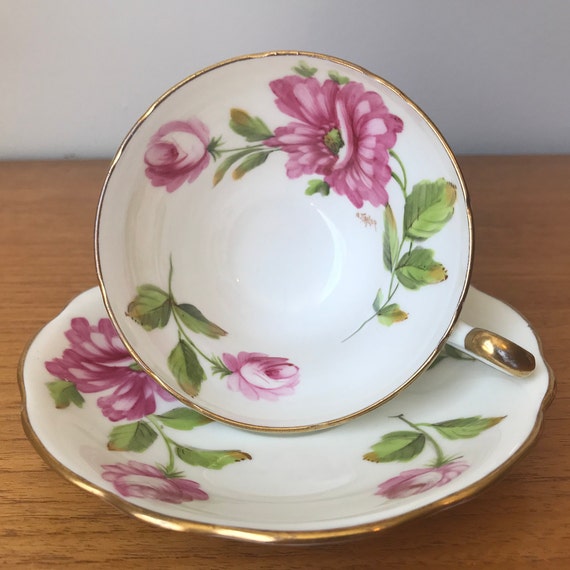 Taylor Handpainted Floral Rose Bouquet on Blue Foley Tea Cup /& Saucer Signed A