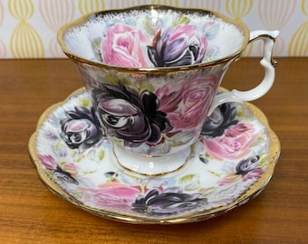 Summer Bounty Series "Tourmaline" Teacup and Saucer, Royal Albert China Tea Cup and Saucer with Pink and Purple Roses and Heavy Gold