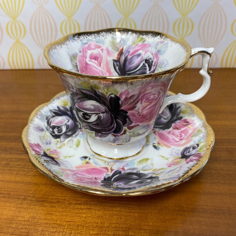 Summer Bounty Series Tourmaline Teacup and Saucer, Royal Albert China Tea Cup and Saucer with Pink and Purple Roses and Heavy Gold image 1