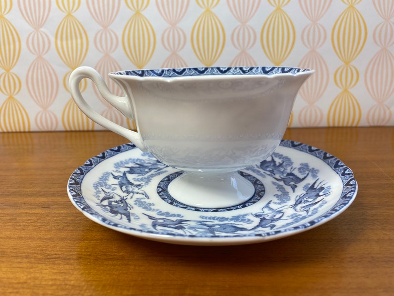 Imperfect Shelley Tea Cup and Saucer, Blue and White China Bird Teacup and Saucer image 4