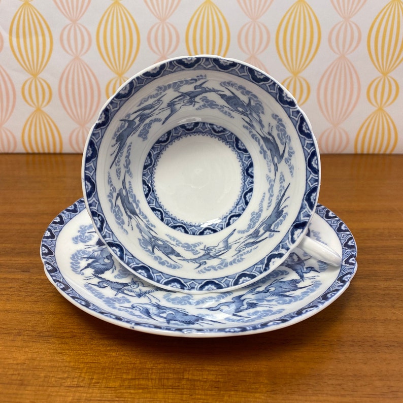 Imperfect Shelley Tea Cup and Saucer, Blue and White China Bird Teacup and Saucer image 10