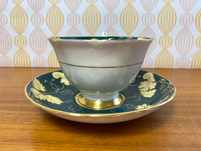 Tuscan China Tea Cup and Saucer, Dark Forest Green Bands with Yellow Leaves and Gold Outline Teacup and Saucer image 4