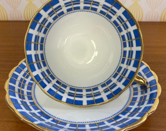 New Chelsea Staffs Bone China Tea Cup and Saucer. Blue and White Plaid Teacup and Saucer, Pattern 736058