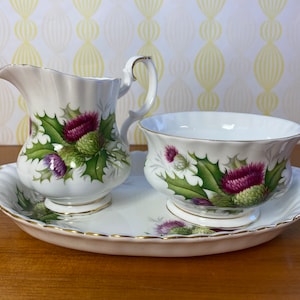 Royal Albert China Highland Thistle Cream and Sugar set with Regal Tray, Milk Pitcher and Sugar Bowl image 1