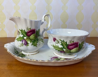 Royal Albert China "Highland Thistle" Cream and Sugar set with Regal Tray, Milk Pitcher and Sugar Bowl