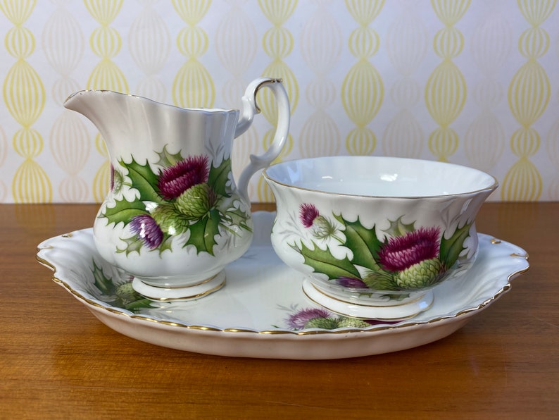 Royal Albert China Highland Thistle Cream and Sugar set with Regal Tray, Milk Pitcher and Sugar Bowl image 1