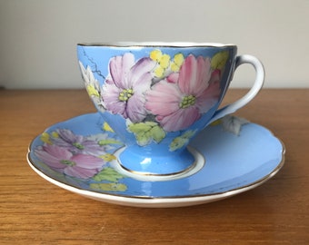 Blue Tea Cup and Saucer, EB Foley Teacup and Saucer, Hand Painted Pink Purple and Yellow "Begonia" Flower Bone China