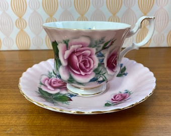 Pink Royal Albert Tea Cup and Saucer, Bone China Teacup and Saucer with Pink Roses and Bluebells