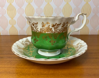 Royal Albert "Regal Series" Vintage Teacup and Saucer, Green & White Tea Cup and Saucer, Gold Floral English China