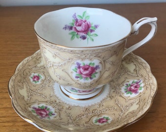 Royal Albert Devonshire Lace Tea Cup and Saucer, Brown Lace Pink Roses Lavender Flowers Teacup and Saucer, Crown China