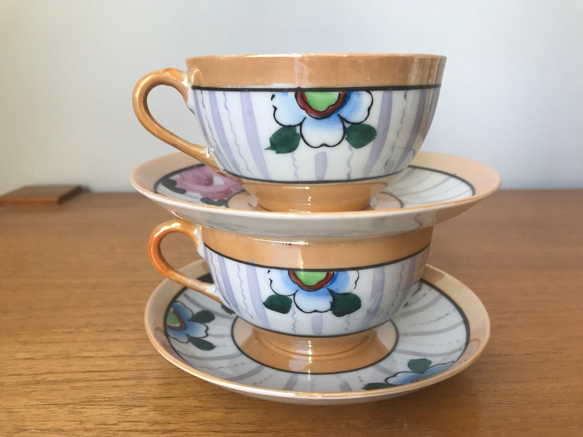 Japanese Lustreware Cups and Saucers Orange Black Pink Purple Etsy