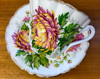 Gladstone "Chrysanthemum" Vintage Teacup and Saucer, Pink and Yellow Flower Tea Cup and Saucer, English Floral China, Garden Tea Party