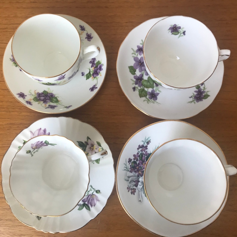 Purple Floral Teacups and Saucers, Violets and Flower Tea Cups and Saucers, Bone China Mismatched Tea Set image 4