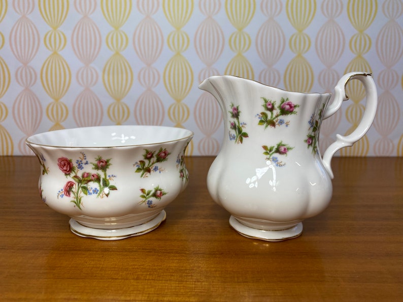 Cream and Sugar set, Royal Albert Winsome Vintage Creamer and Sugar Bowl, Pink Roses, English Bone China, Milk Pitcher and Bowl image 1