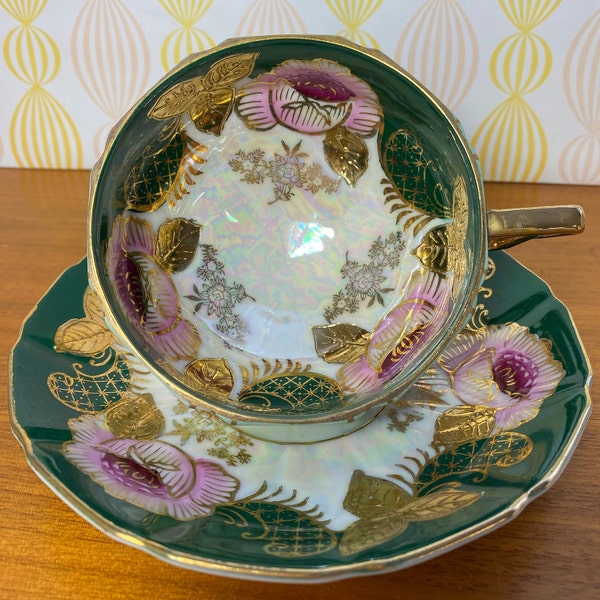 Castle China Footed Tea Cup and Saucer, Japanese Porcelain Teacup and Saucer with Three Feet, Raised Gold Hand Painted Flowers 1156/30/B