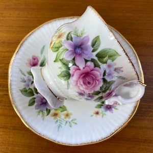 Elizabethan China Tea Cup and Saucer, Pink Roses and Purple Daisies Teacup and Saucer, Floral Footed Bone China image 1