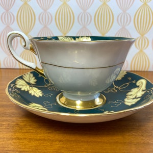 Tuscan China Tea Cup and Saucer, Dark Forest Green Bands with Yellow Leaves and Gold Outline Teacup and Saucer image 5