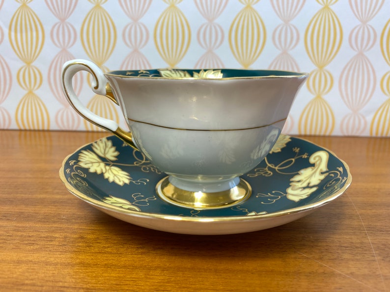 Tuscan China Tea Cup and Saucer, Dark Forest Green Bands with Yellow Leaves and Gold Outline Teacup and Saucer image 5