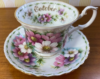 Flower of the Month Series Teacup and Saucer, Royal Albert October Cosmos Tea Cup and Saucer, Pink White & Purple Flower Bone China Birthday