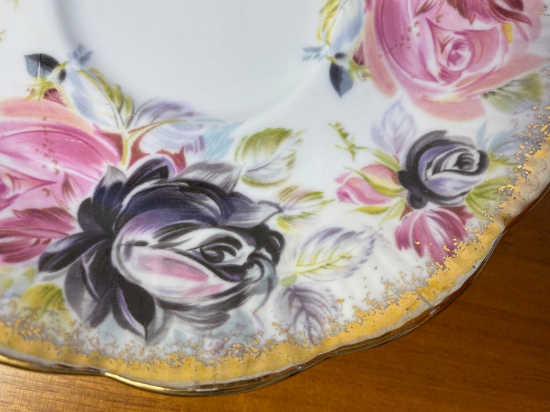 Summer Bounty Series Tourmaline Teacup and Saucer, Royal Albert China Tea Cup and Saucer with Pink and Purple Roses and Heavy Gold image 9