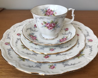 Royal Albert China Dishes, "Tranquility" Dinnerware Set, Pink Roses Grey Swirls Tea Cup, Saucer, Side Plate, Salad Plate, Dinner Plate